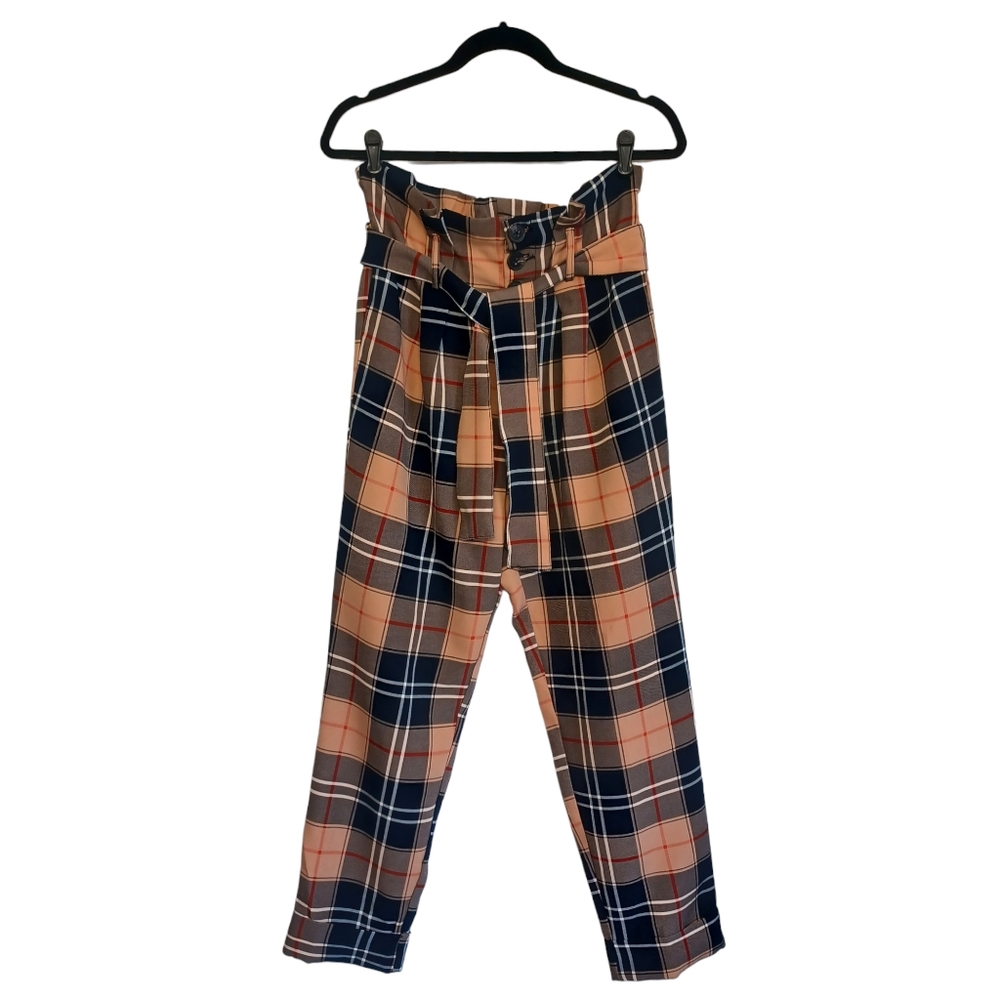 LIKE AN ANGEL Tan Brown Black Red White Plaid Print Paperbag Waist Pants Medium